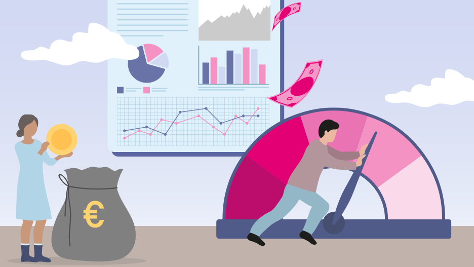 Eine Illustration mit zwei Personen, Geld, Diagrammen und Messanzeige.