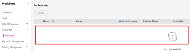Screenshot ModelArts - Liste Notebooks