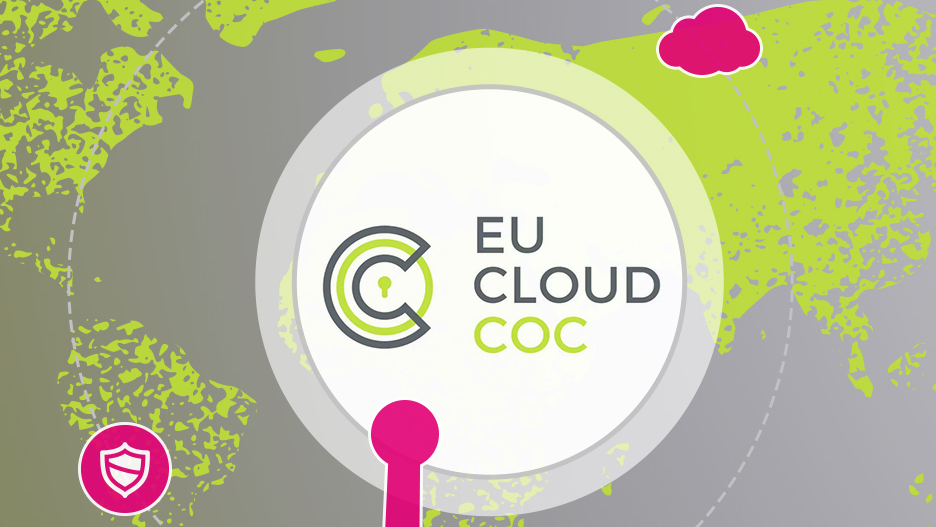 Logo of the EU Cloud Code of Conduct in front of a stylized world map, symbolizing data protection and cloud compliance in T Cloud Public.