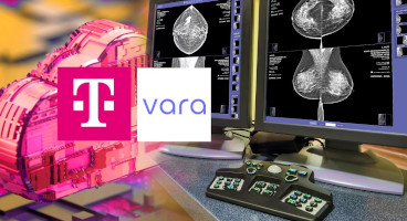 Telekom and vara logo in front of screens displaying X-ray images