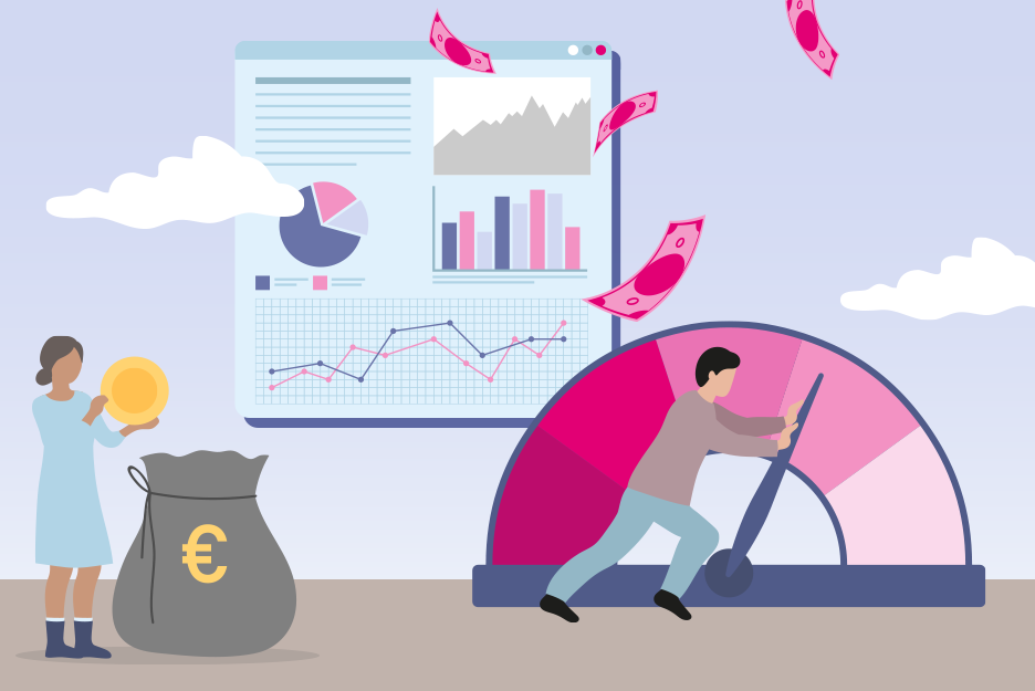 Eine Illustration mit zwei Personen, Geld, Diagrammen und Messanzeige.