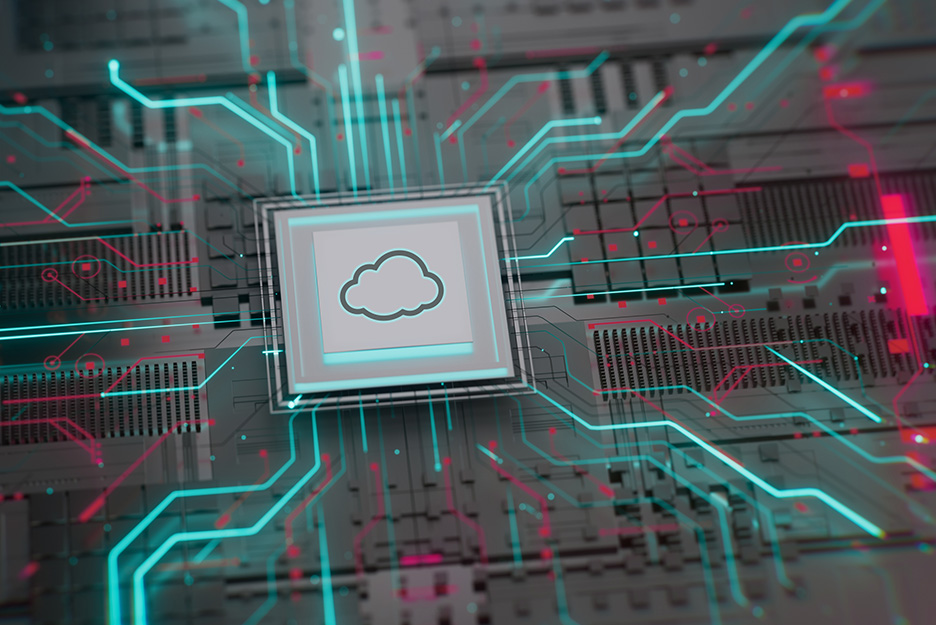 Symbolische Darstellung eines Cloud-Chips auf einer Leiterplatte mit digitalen Datenströmen.