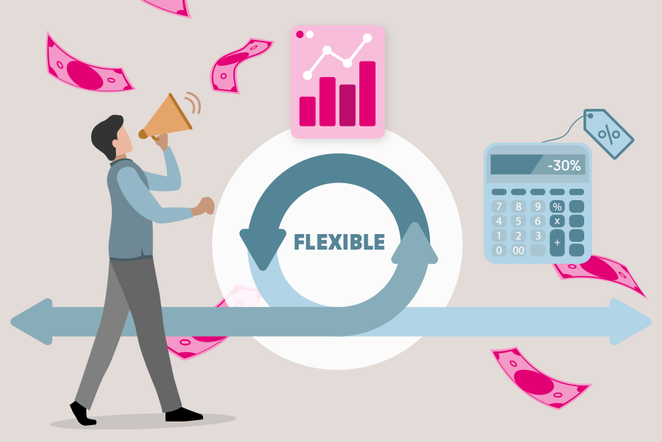Illustration of flexible IT use with savings potential: man with megaphone, diagram, calculator (-30%) and banknotes.