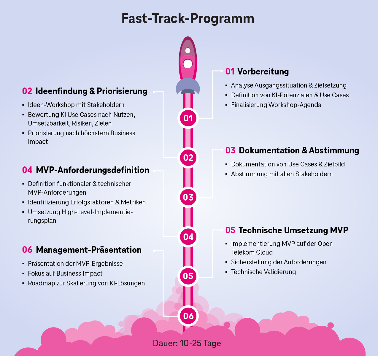 Ablauf des Fast-Track-Programms zur Einführung von KI: strukturierter Prozess von der Use-Case-Identifikation bis zur Umsetzung eines MVP in der T Cloud Public.