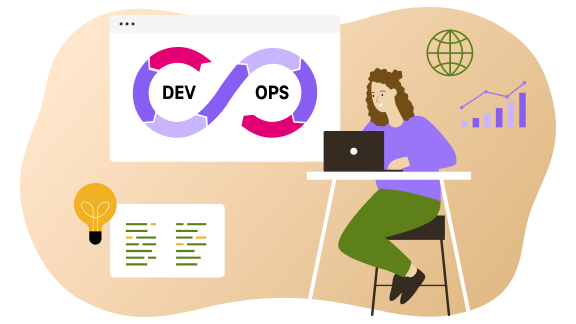 llustration of a developer at a desk with a DevOps loop in the background.