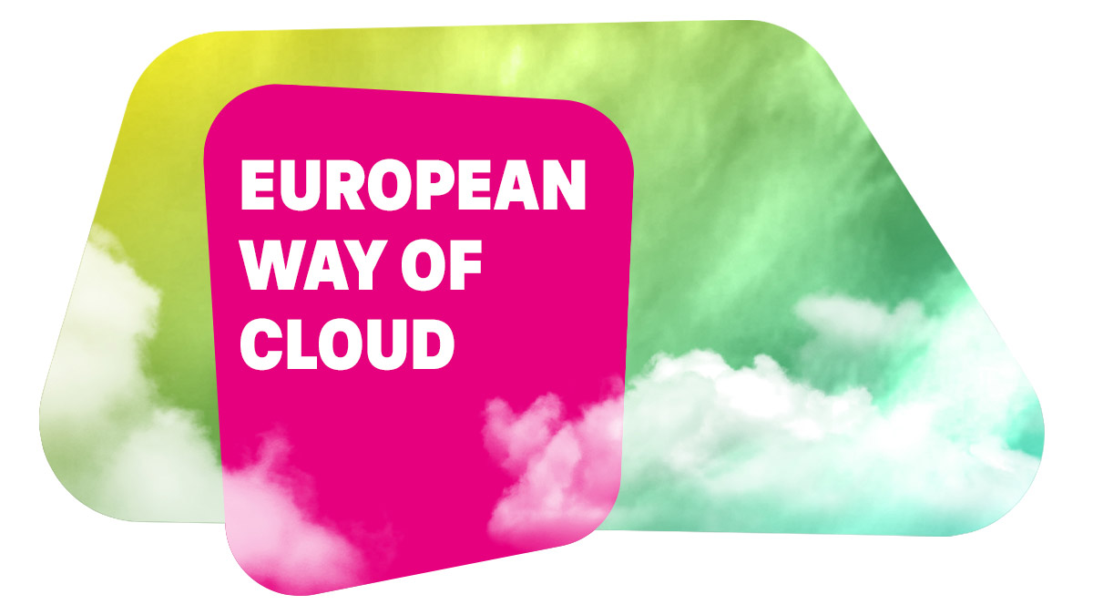 Weiße Wolke auf buntem Farbverlauf-Hintergrund (gelb, grün) darauf eine magenta farbener Fläche mit dem Titel European Way of Cloud