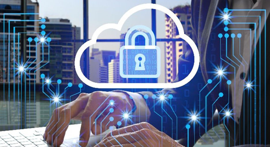 Hands of a man on a laptop keyboard, in the foreground of the picture a digital lock in a cloud