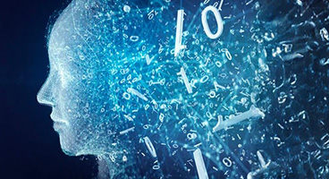 Lila leuchtende und nebeneinander ausgerichtete Würfel und ein hochstehender Würfel mit türkis-leuchtender Aufschrift AI