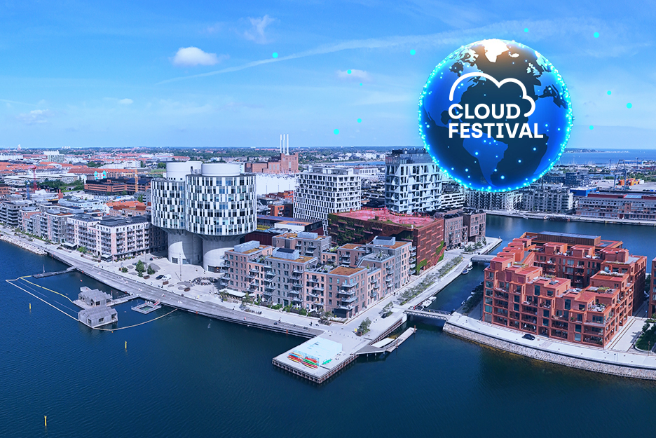 Moderner Stadtteil Kopenhagen am Wasser mit Wohngebäuden und Logo "Cloud Festival"