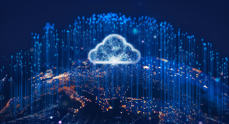 Visualization of a cloud above a digitally rendered map of Europe with glowing networks and data streams, symbolizing European cloud infrastructure and data connectivity.