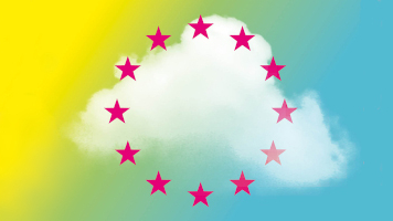 Weiße Wolke auf buntem Farbverlauf-Hintergrund (gelb, grün, blau) mit magenta Sternen in Kreisform, inspiriert von der Europaflagge.