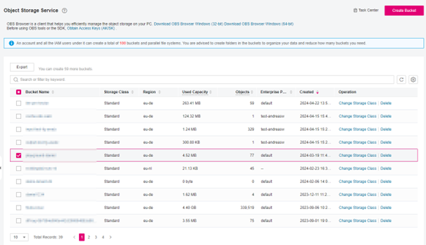 Screenshot der Bucket Ansicht