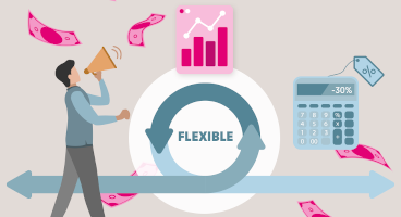 Illustration zu flexibler IT-Nutzung mit Sparpotenzial: Mann mit Megafon, Diagramm, Taschenrechner (-30 %) und Geldscheine.
