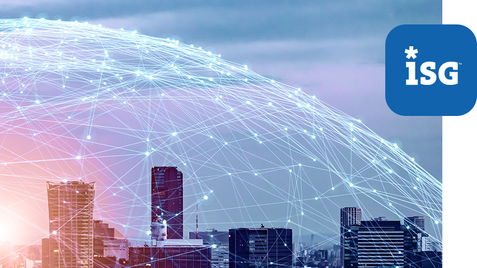 Urban skyline with a visualized digital network and cloud connectivity, ISG logo.