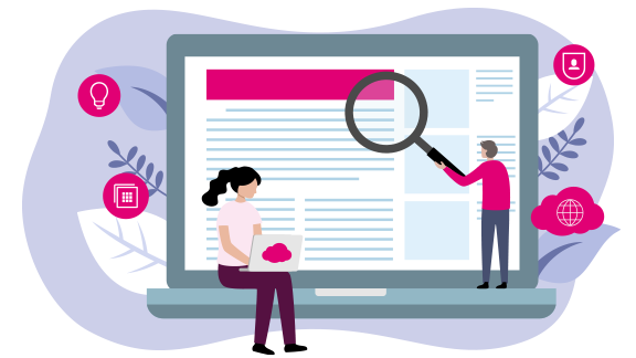 Illustration mit Laptop, 2 Menschen und verschiedenen Icons