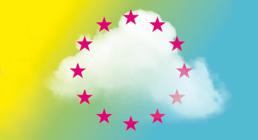 Weiße Wolke auf buntem Farbverlauf-Hintergrund (gelb, grün, blau) mit magenta Sternen in Kreisform, inspiriert von der Europaflagge.